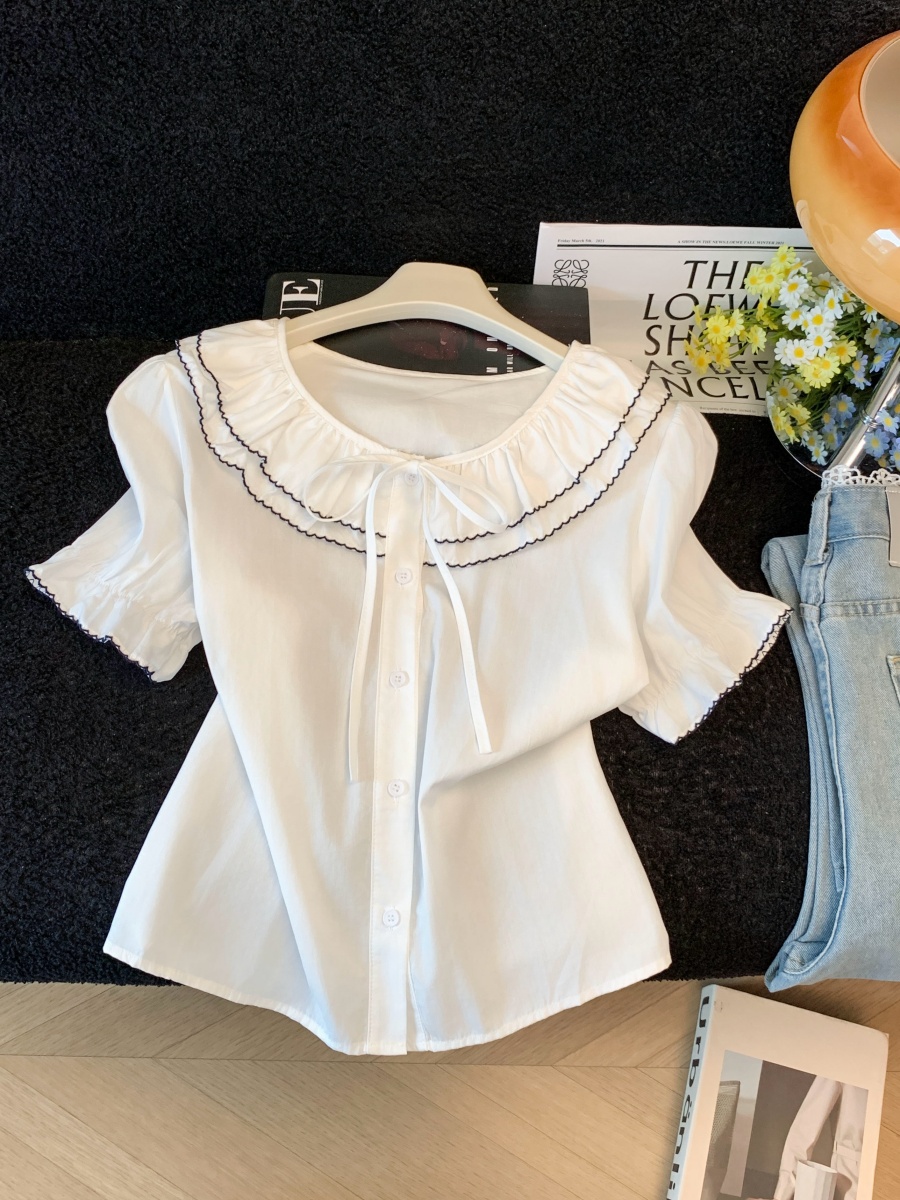 French Style Ruffled Puff Sleeve Shirt Women Summer Loose Fit Short Sleeve Blouse - Image 4