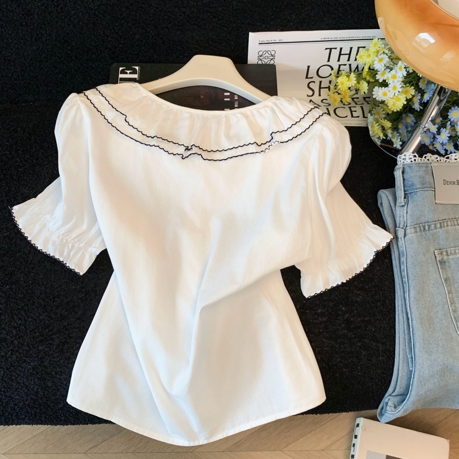 French Style Ruffled Puff Sleeve Shirt Women Summer Loose Fit Short Sleeve Blouse - Image 5
