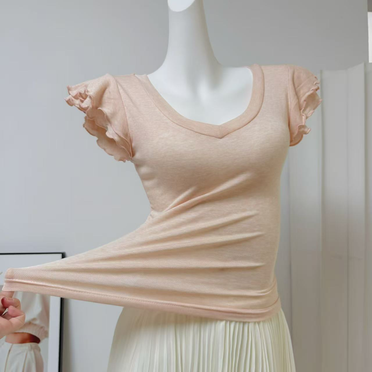 OKMASHOP Cloud Mousse Tee Lyocell Linen V-Neck Women's Summer Slim Fit Top - Image 2