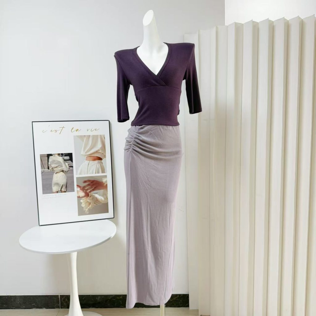 5werkwen French Pure Desire Set V-Neck Short Sleeve and Midi Long Skirt Slimming Two-Piece Set