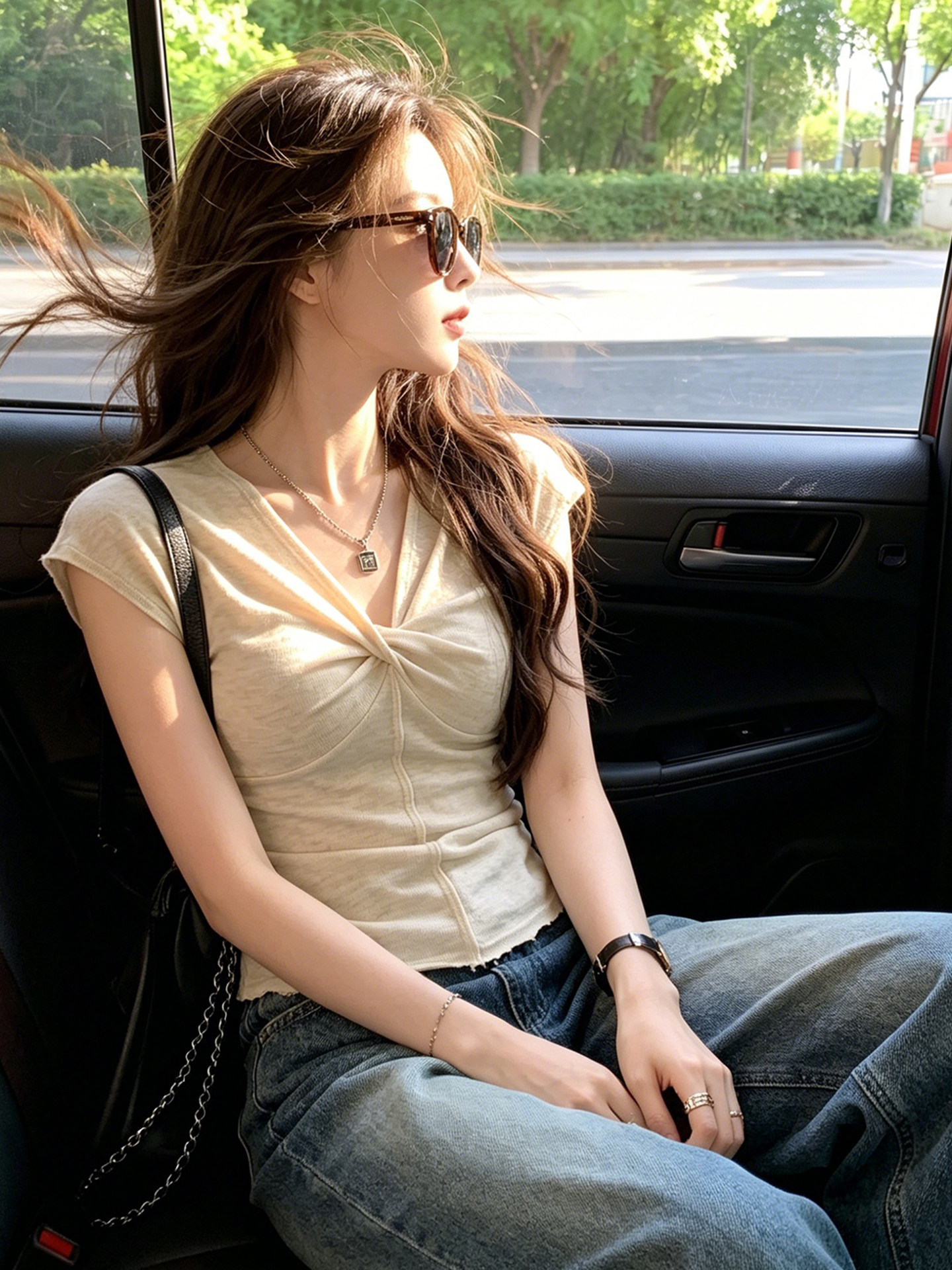 Beige Twist V-Neck Short Sleeve T-Shirt for Women 2026 Summer - Image 2
