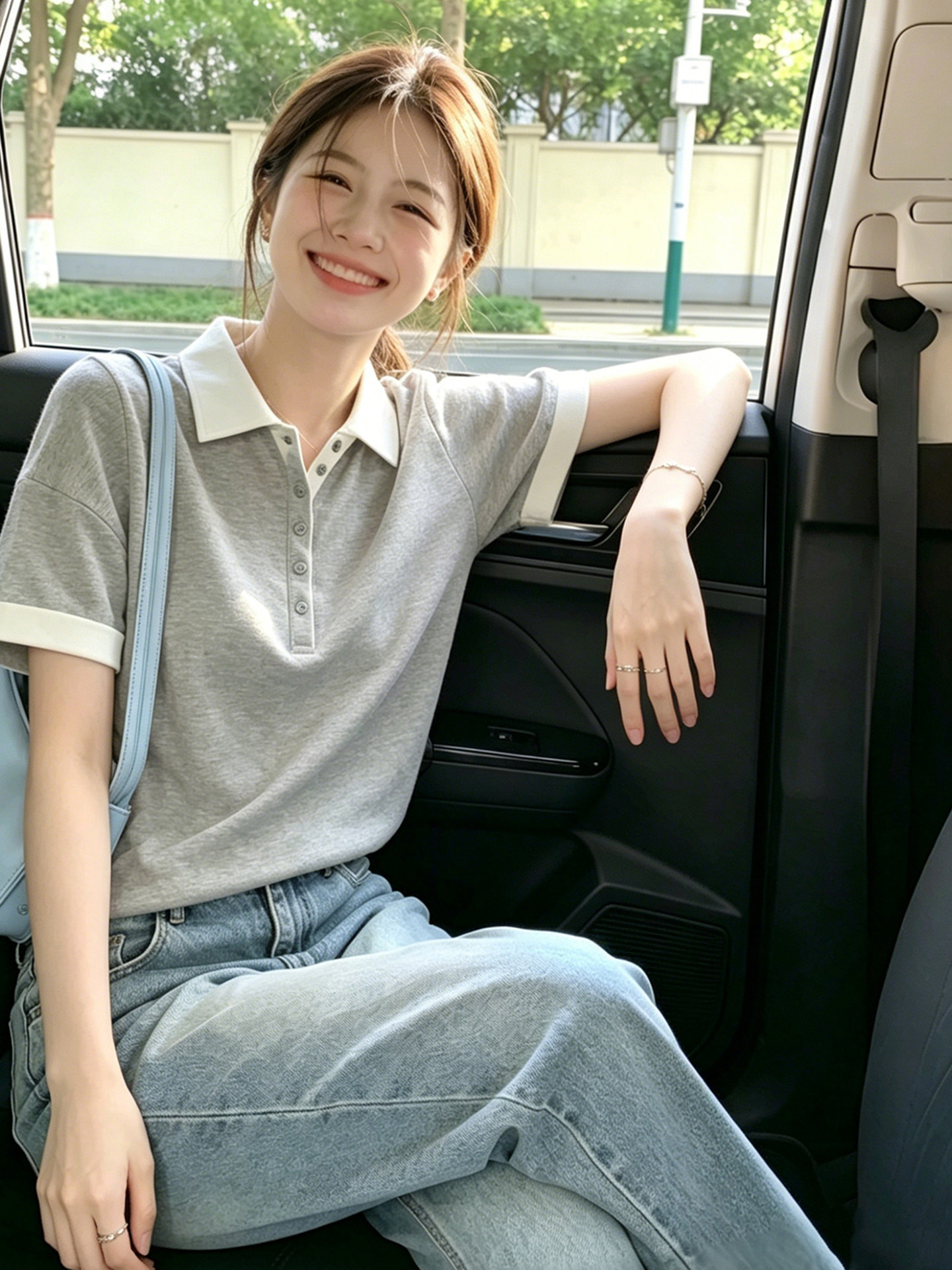 Gray Short Sleeve Loose T-Shirt for Women 2026 Summer Polo Collar Top - Image 4