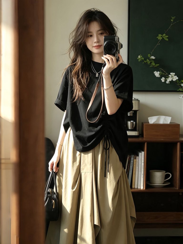 Women's Casual Black Loose Drawstring Short Sleeve T-Shirt 2026 Summer Top