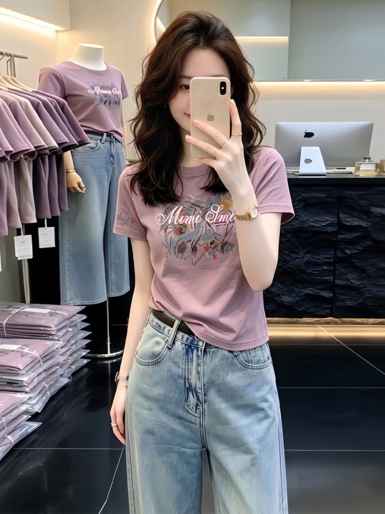 Taro Purple Print Short Sleeve T-Shirt for Women 2026 Summer Casual Crew Neck Top