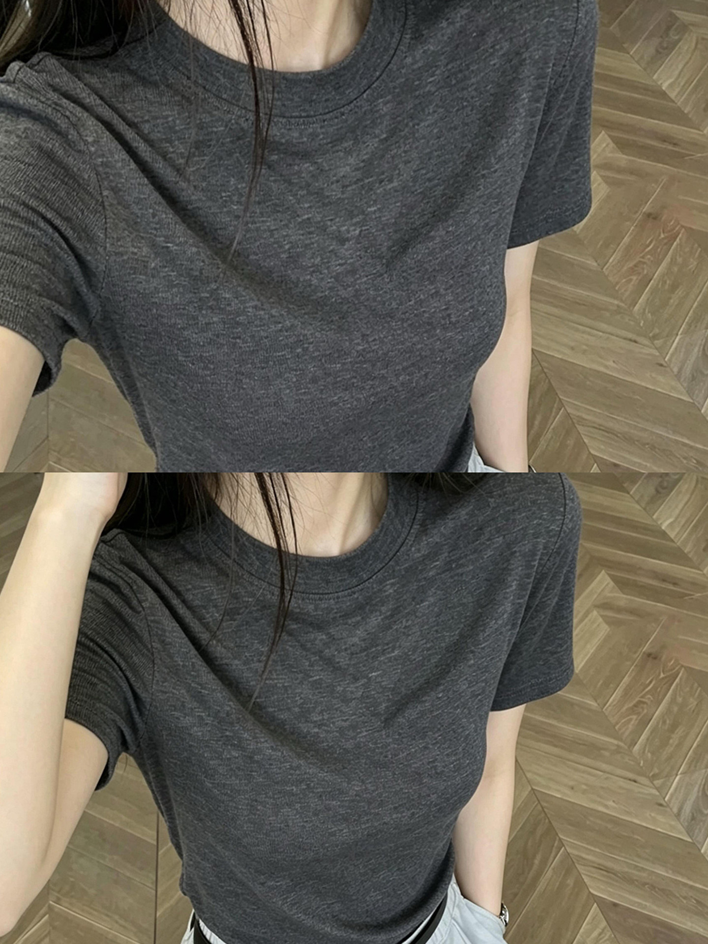 Dark Gray Minimalist Crew Neck Slimming Short Sleeve T-Shirt for Women Summer High-End Old Money Style Top
