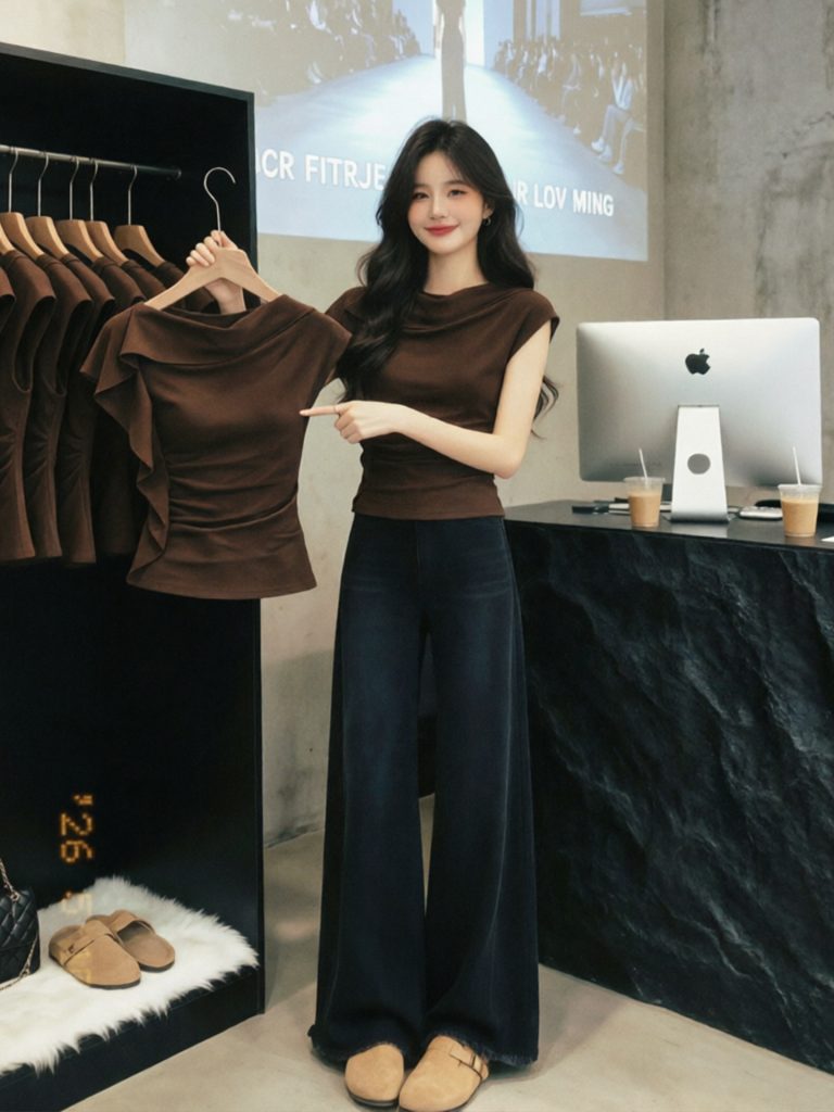 Coffee Ruffle Drape Neck Cinched Waist T-Shirt for Women 2026 Summer
