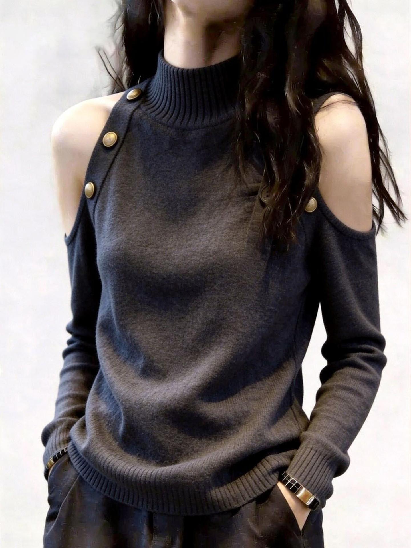 Gray Stand Collar Off-Shoulder Knit Top for Women Autumn 2026