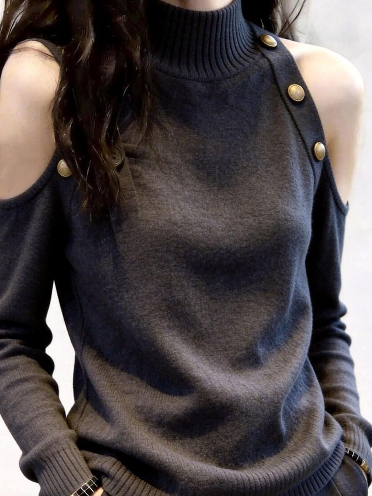 Gray Stand Collar Off-Shoulder Knit Top for Women Autumn 2026 - Image 4