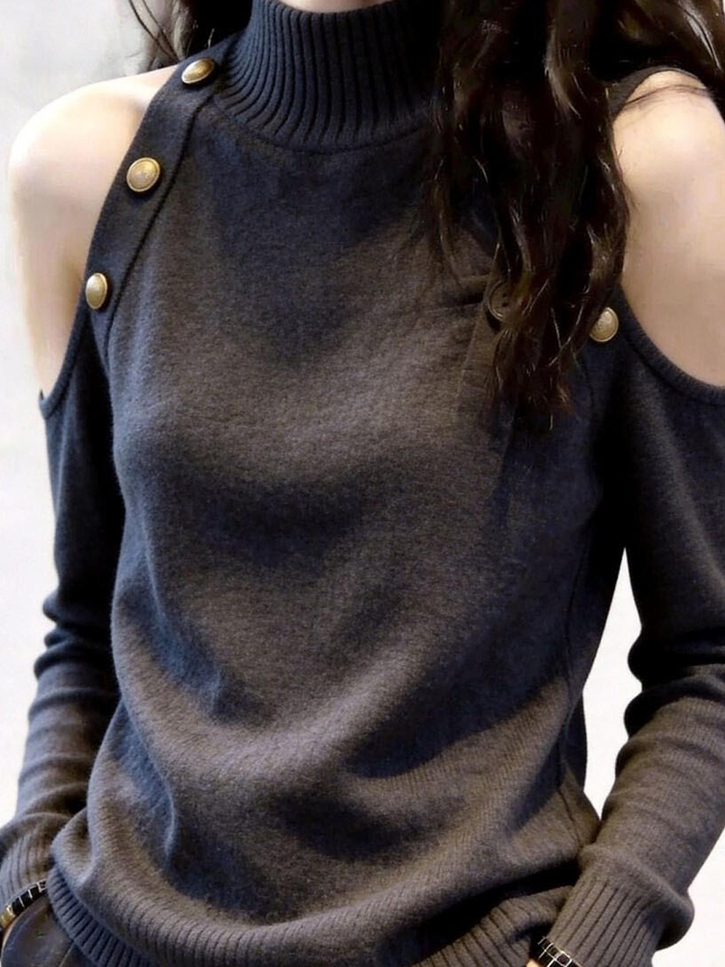 Gray Stand Collar Off-Shoulder Knit Top for Women Autumn 2026 - Image 2