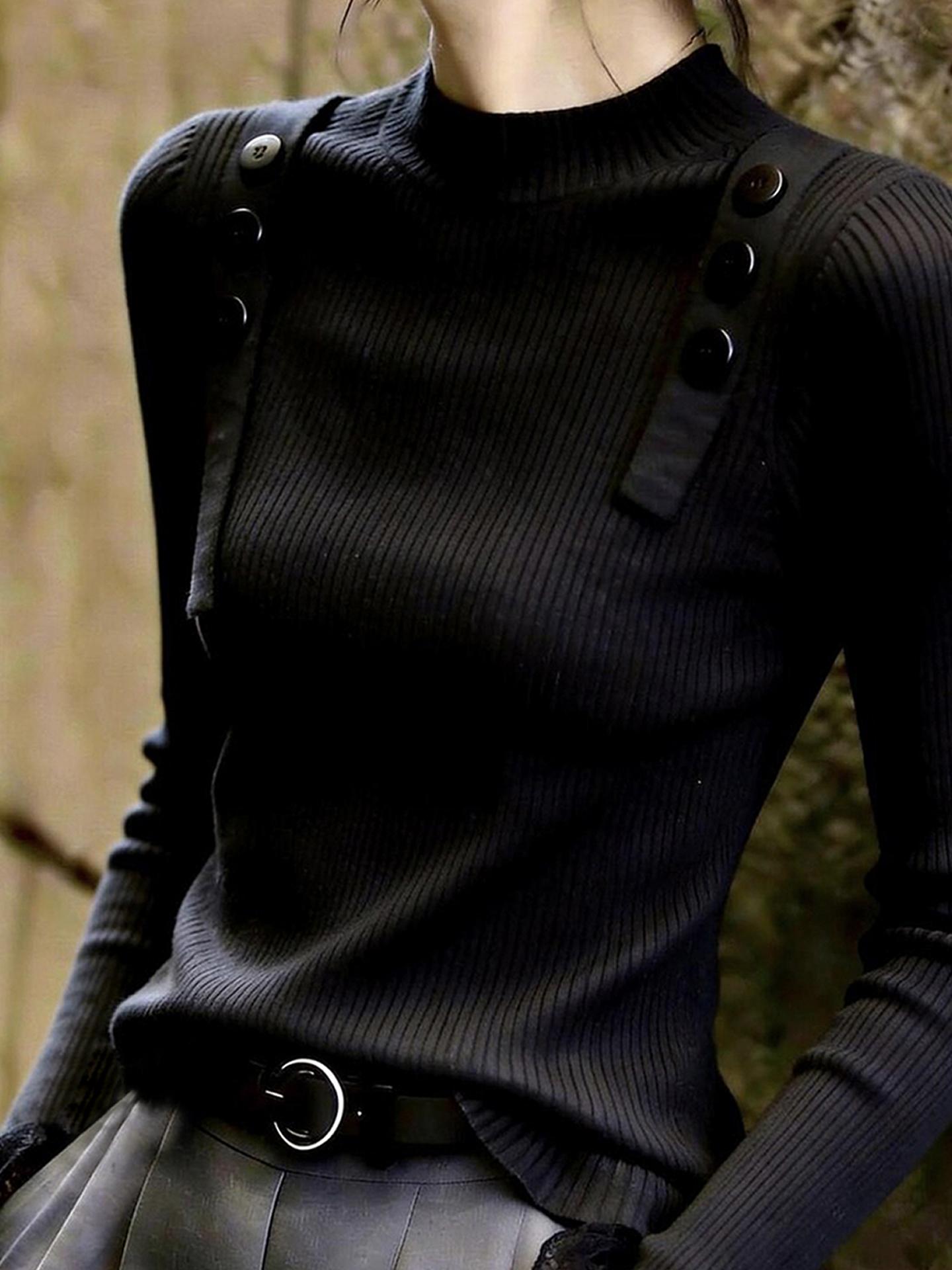 Elegant Black Stand Collar Long Sleeve Knit Top for Women Autumn - Image 2