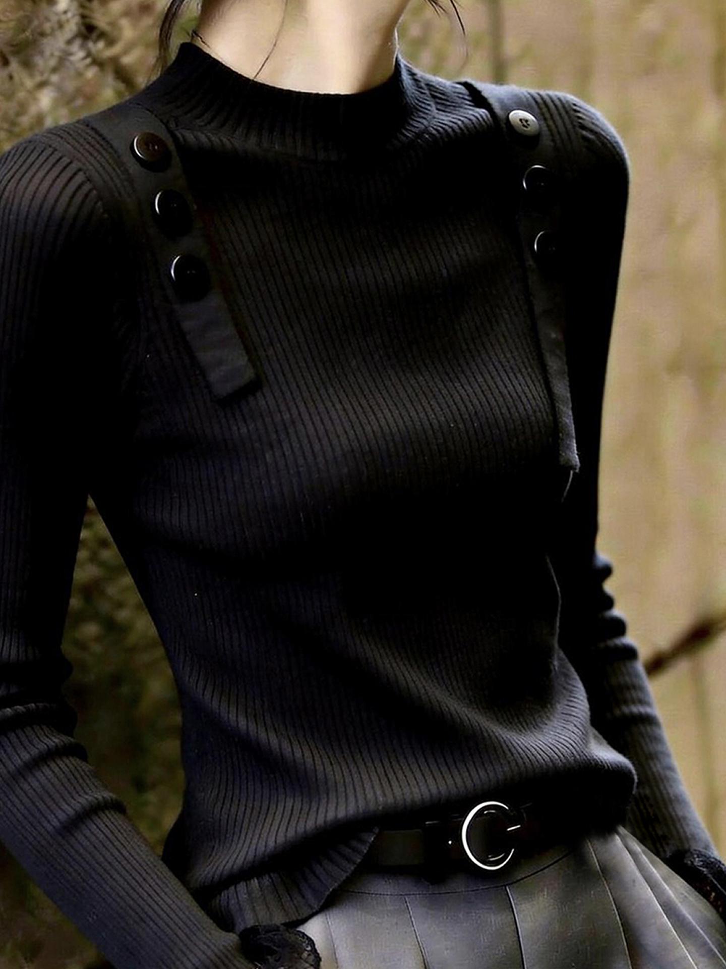 Elegant Black Stand Collar Long Sleeve Knit Top for Women Autumn - Image 4