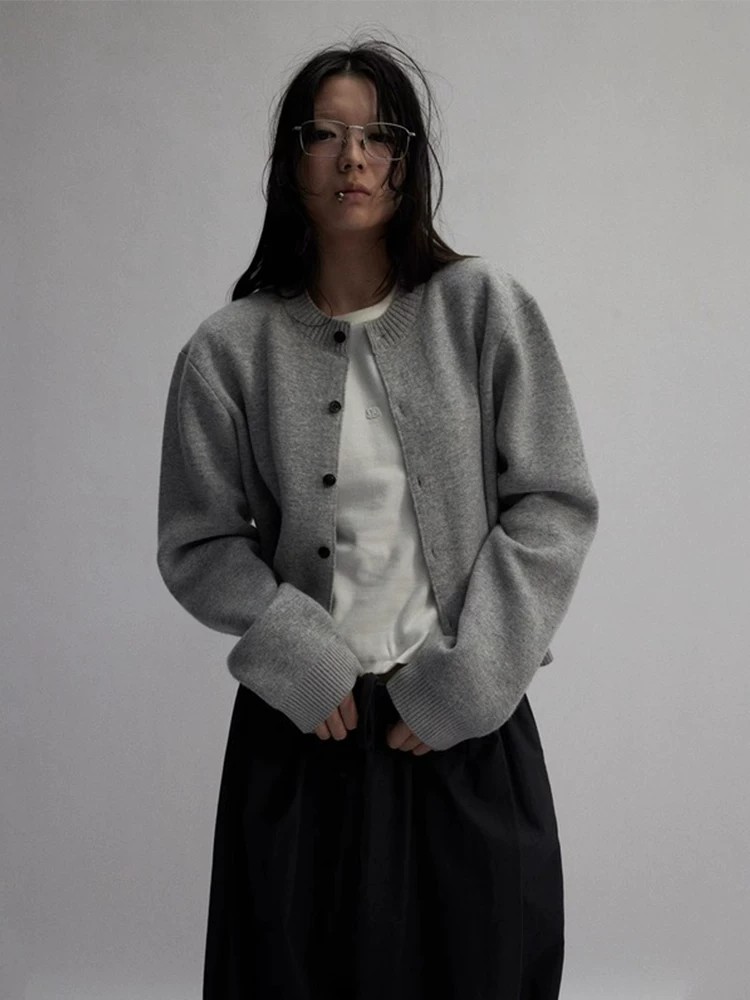American Retro Grey Knit Cardigan Sweater Coat for Women
