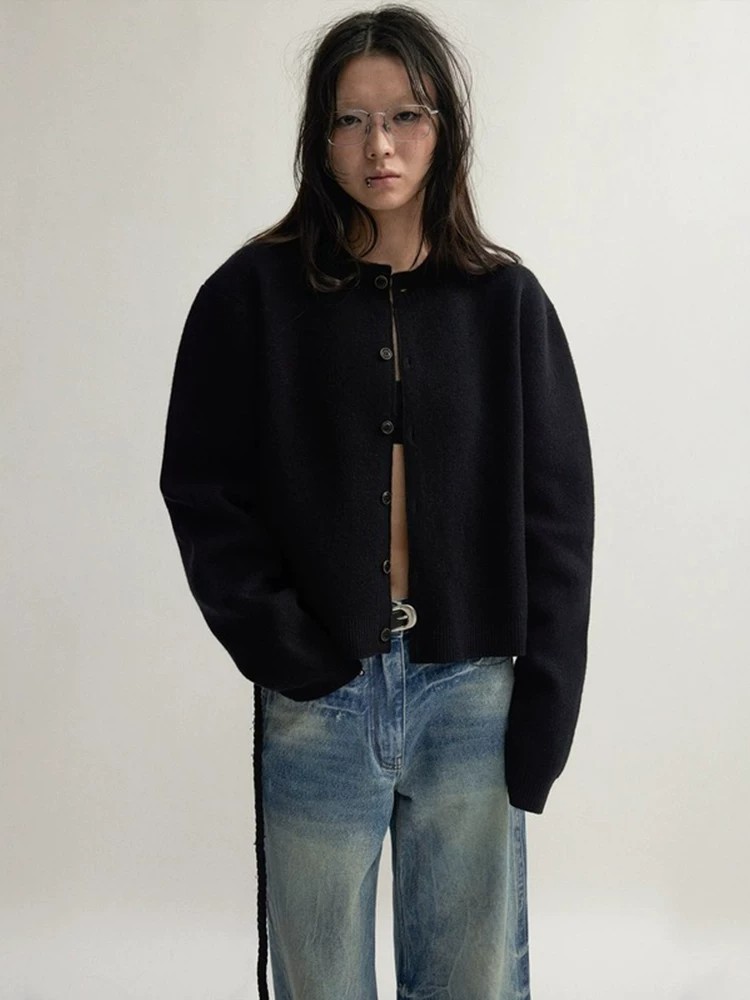 American Retro Grey Knit Cardigan Sweater Coat for Women - Image 2