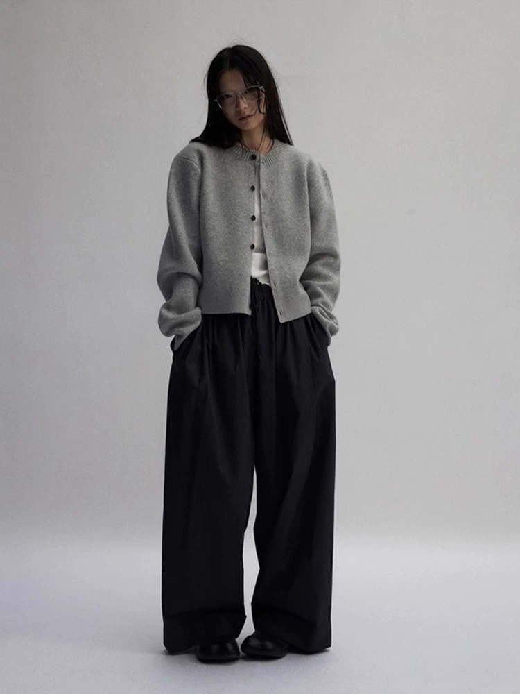 American Retro Grey Knit Cardigan Sweater Coat for Women - Image 4