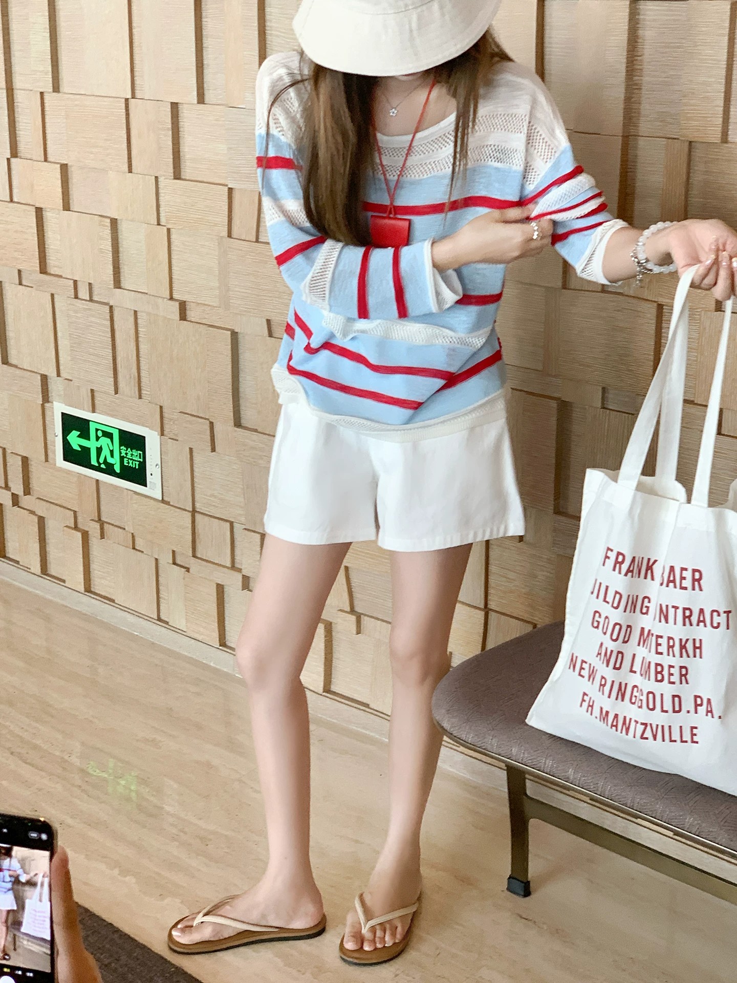 Korean Style Red and Blue Color Block Hollow Striped Knit Sweater for Women - Image 4
