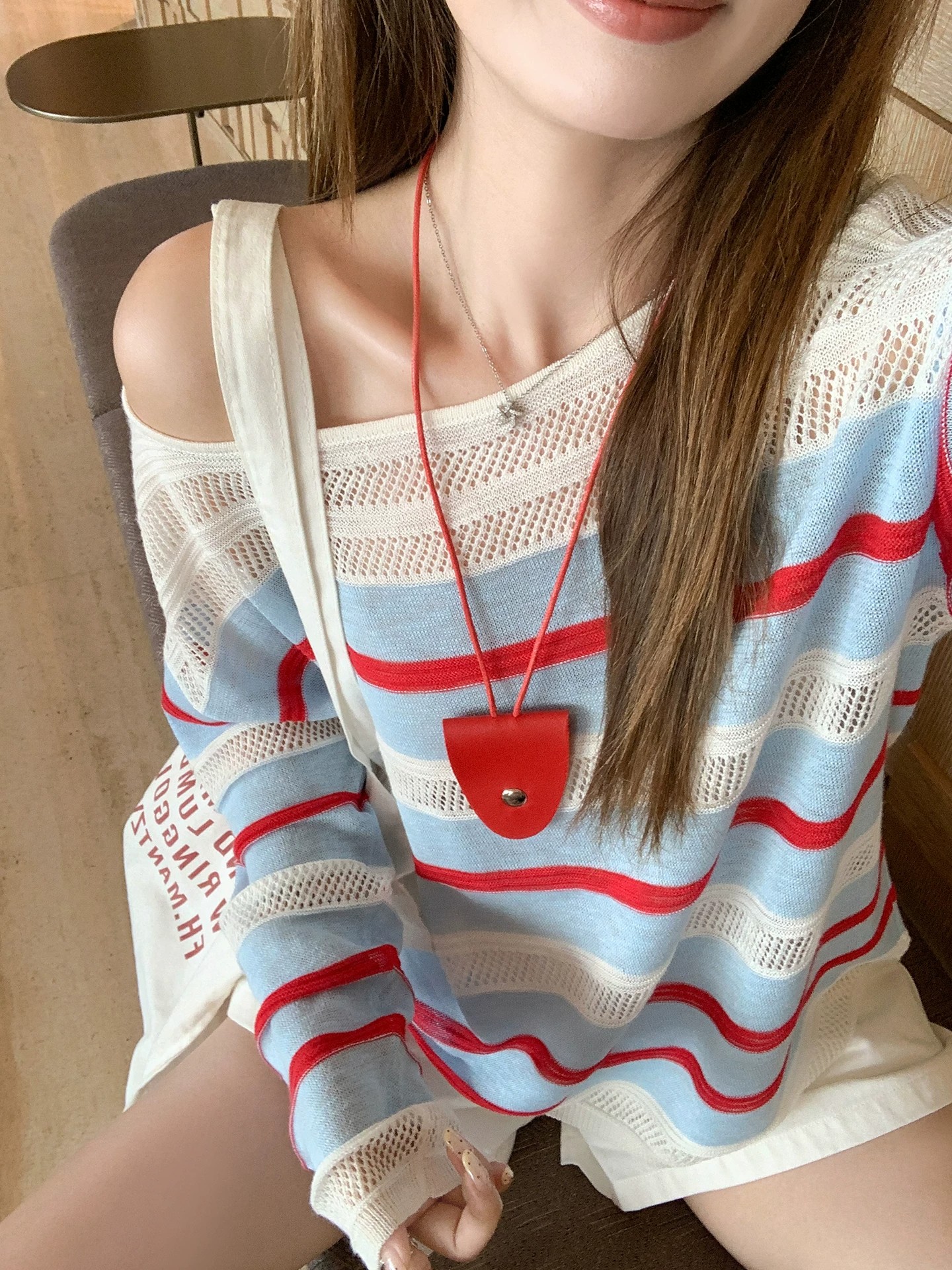Korean Style Red and Blue Color Block Hollow Striped Knit Sweater for Women - Image 2