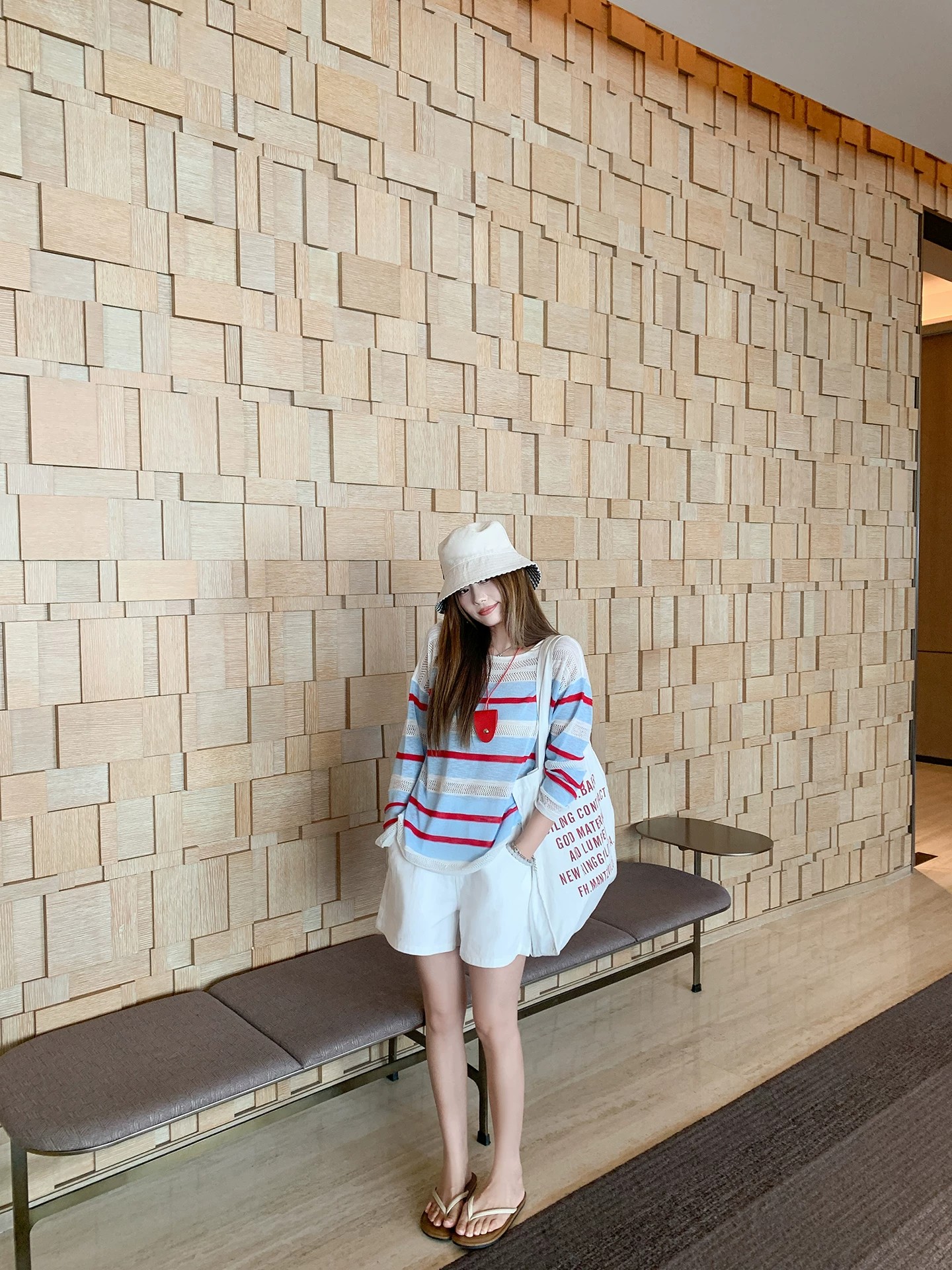 Korean Style Red and Blue Color Block Hollow Striped Knit Sweater for Women - Image 3
