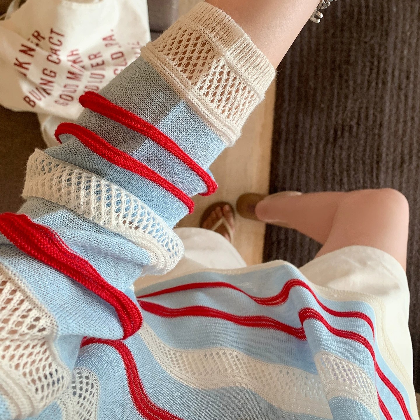 Korean Style Red and Blue Color Block Hollow Striped Knit Sweater for Women - Image 5