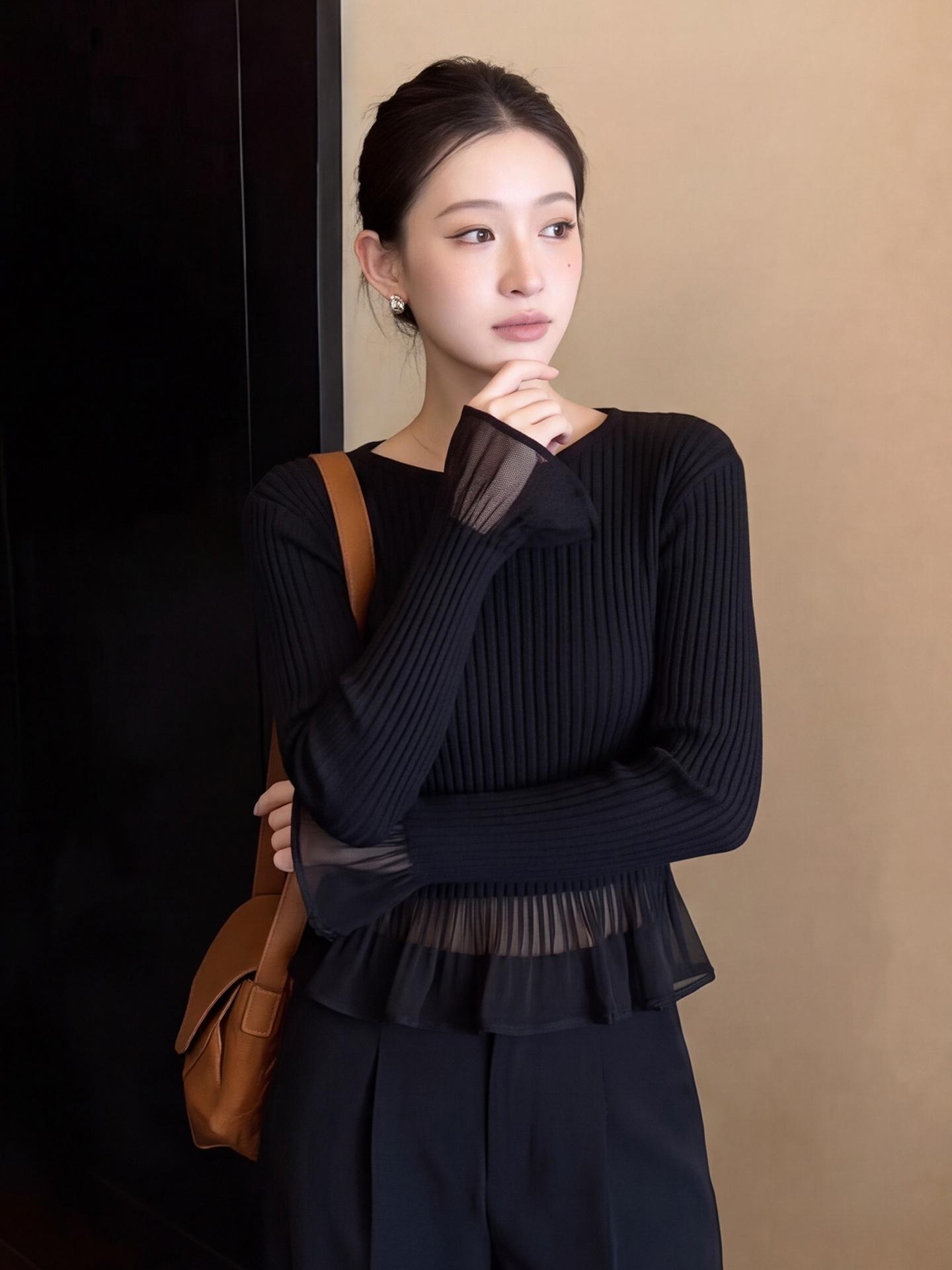 Elegant Black Lace Spliced Faux Two-Piece Knit Top for Women Autumn - Image 2