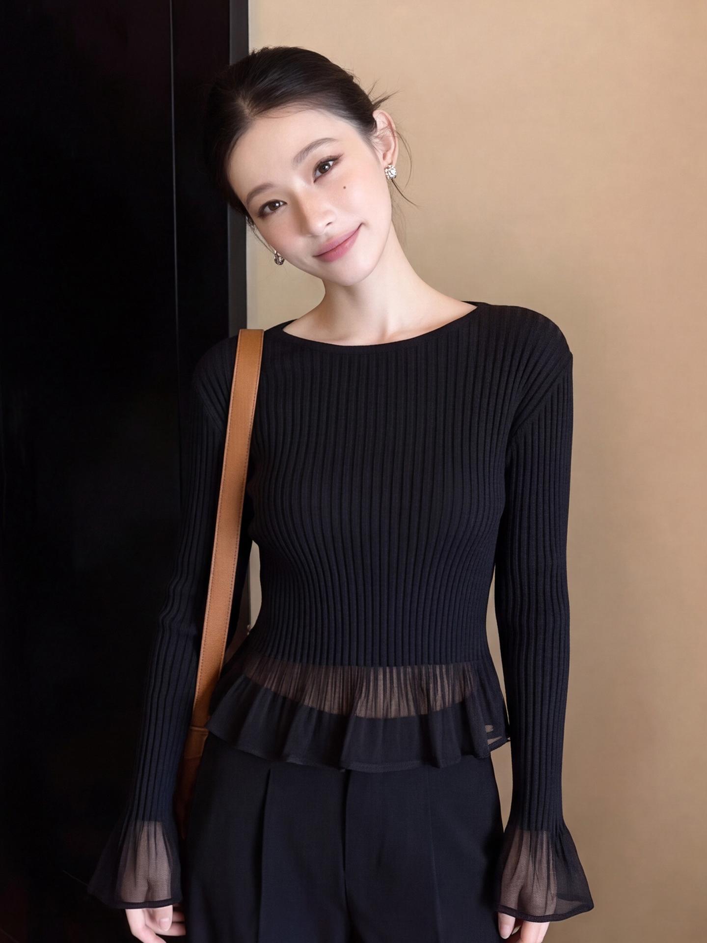 Elegant Black Lace Spliced Faux Two-Piece Knit Top for Women Autumn