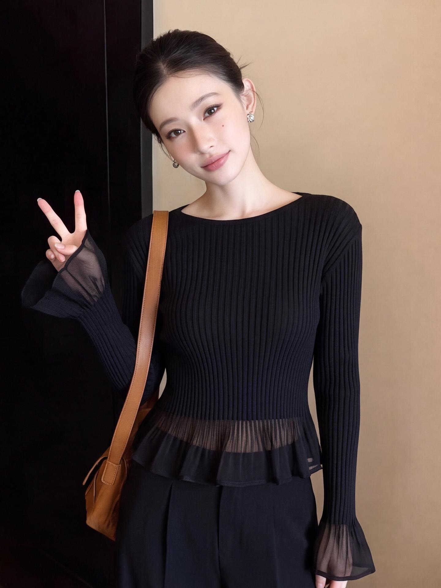 Elegant Black Lace Spliced Faux Two-Piece Knit Top for Women Autumn - Image 3