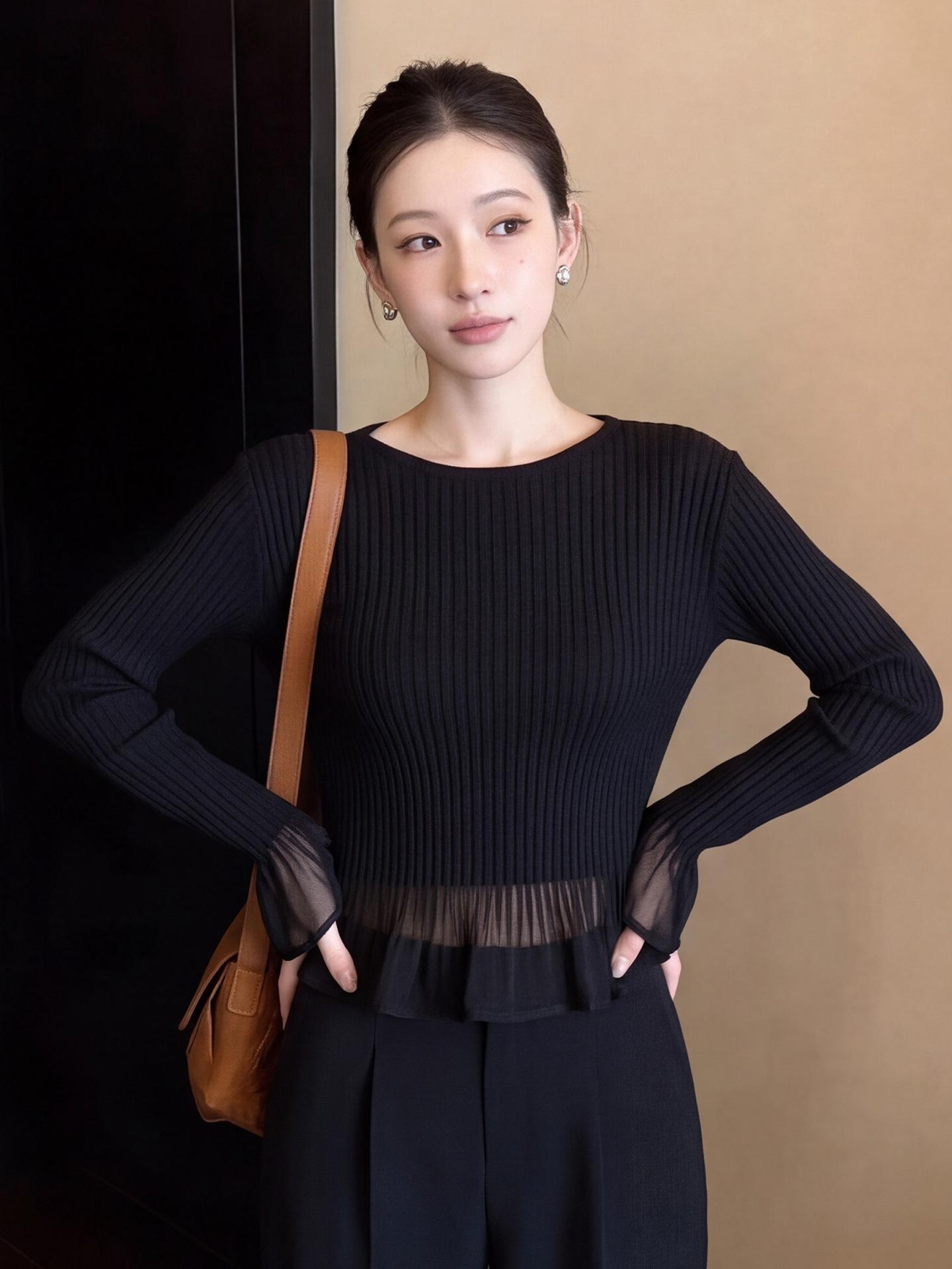 Elegant Black Lace Spliced Faux Two-Piece Knit Top for Women Autumn - Image 4