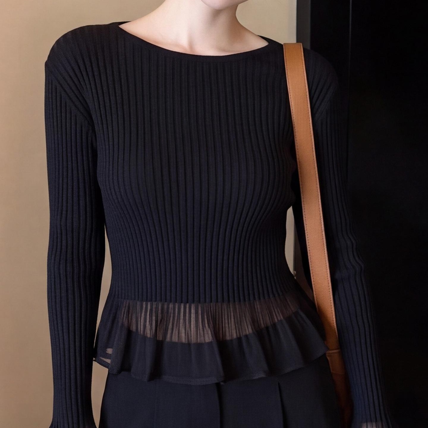 Elegant Black Lace Spliced Faux Two-Piece Knit Top for Women Autumn - Image 5