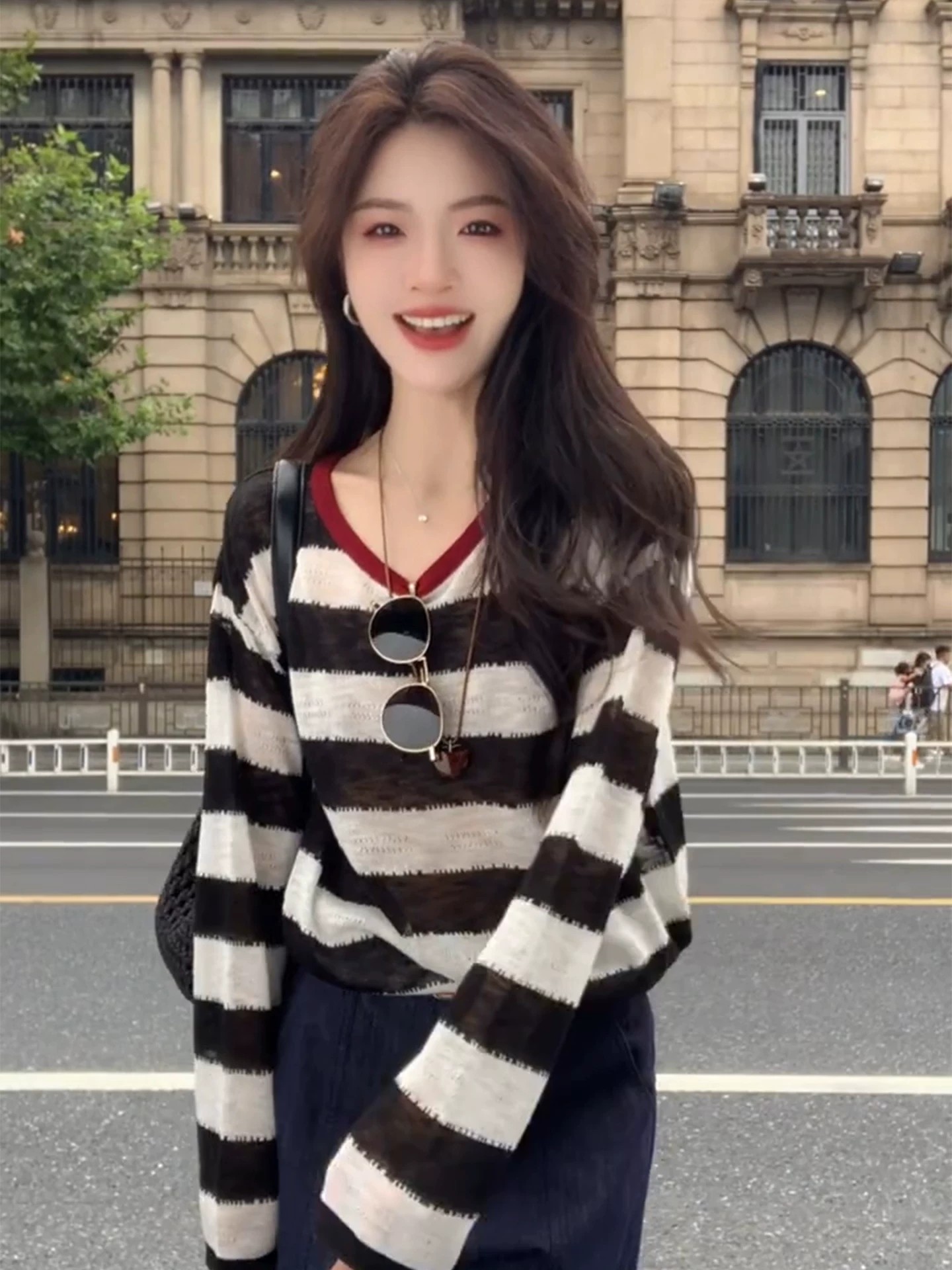 Women's Color Block Striped Sun Protection Long Sleeve Knit Top Lightweight Loose Summer Cover Up - Image 3