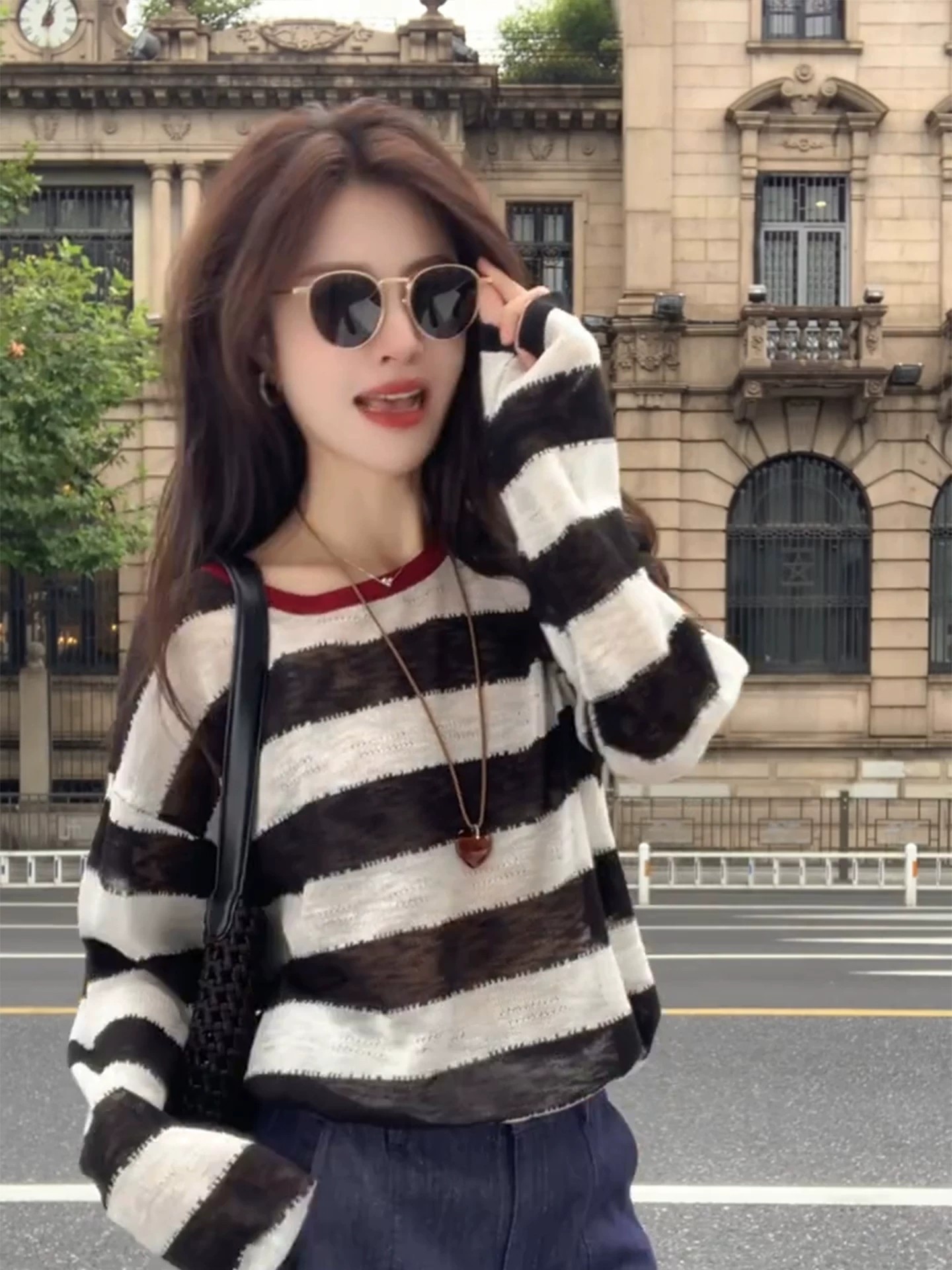 Women's Color Block Striped Sun Protection Long Sleeve Knit Top Lightweight Loose Summer Cover Up - Image 4