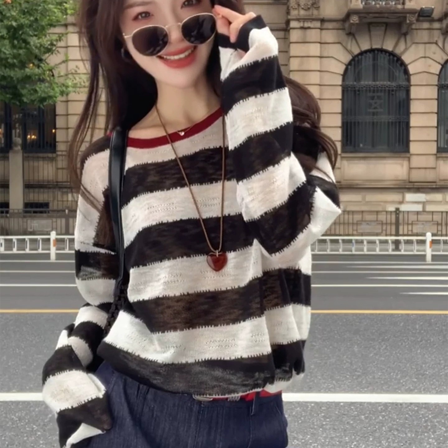 Women's Color Block Striped Sun Protection Long Sleeve Knit Top Lightweight Loose Summer Cover Up - Image 5